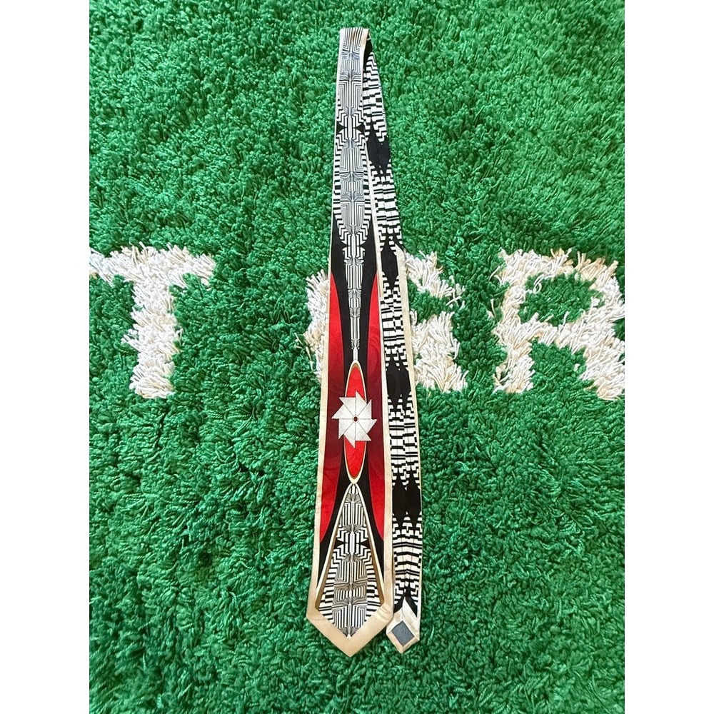 Unbranded Geometric Art Deco Tie Mens OS Red Black Cream Excellent Silk Abstract